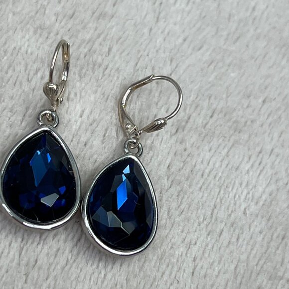 Blue Stone Teardrop Dangle Earrings Silver Tone Sparkly Prom Bridesmaid Faceted - Picture 4 of 6